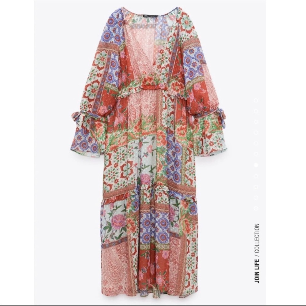 Zara Swiss Dot Patchwork Bohemian Cottagecore Ruffled Dress size small